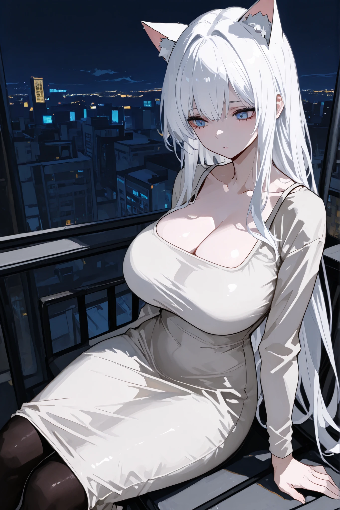 1girl, solo, white hair, long hair, blue eyes,  cat ears, white dress, dongtan dress, black pantyhose, huge breasts, front shots, sitting, city, night