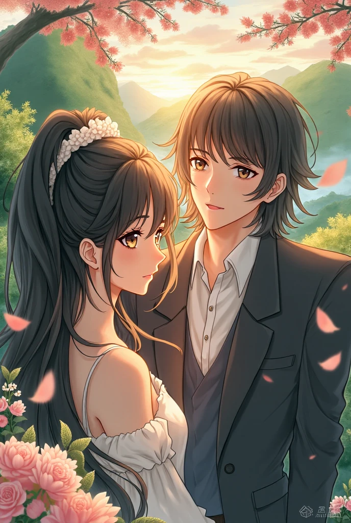 An anime man with black hair and dark maroon Eyes and he is wearing a wedding suit an anime woman with long middle brunette hair and dark brown eyes and they at the wedding avenue the woman is wearing a wedding dress and she is holding a bouquet of blue orchids and white tulips