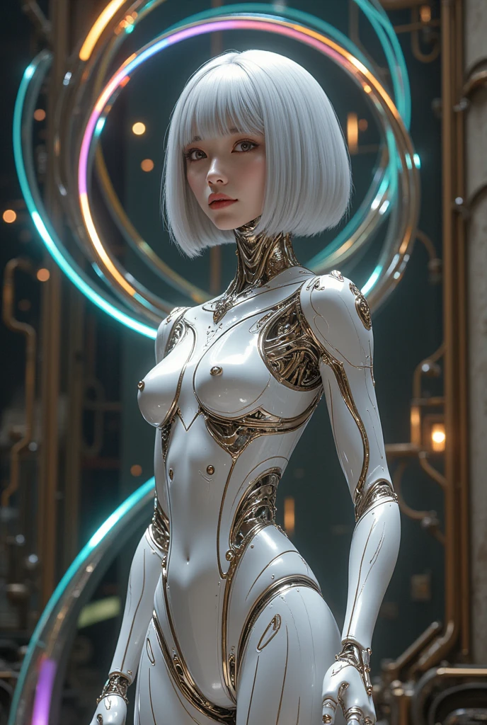 Porcelain female robot, towering and slender in form, adorned with intricate craftsmanship, methodically places a vibrant array of dish into a pristine white bowl, the entirety of this scene depicting an immaculate white kitchen serving as its frame, ultra high-resolution imagery, given life through 8K resolution, minute granularity moonlighting the details, delicate lighting pouring in from a natural source, permeating