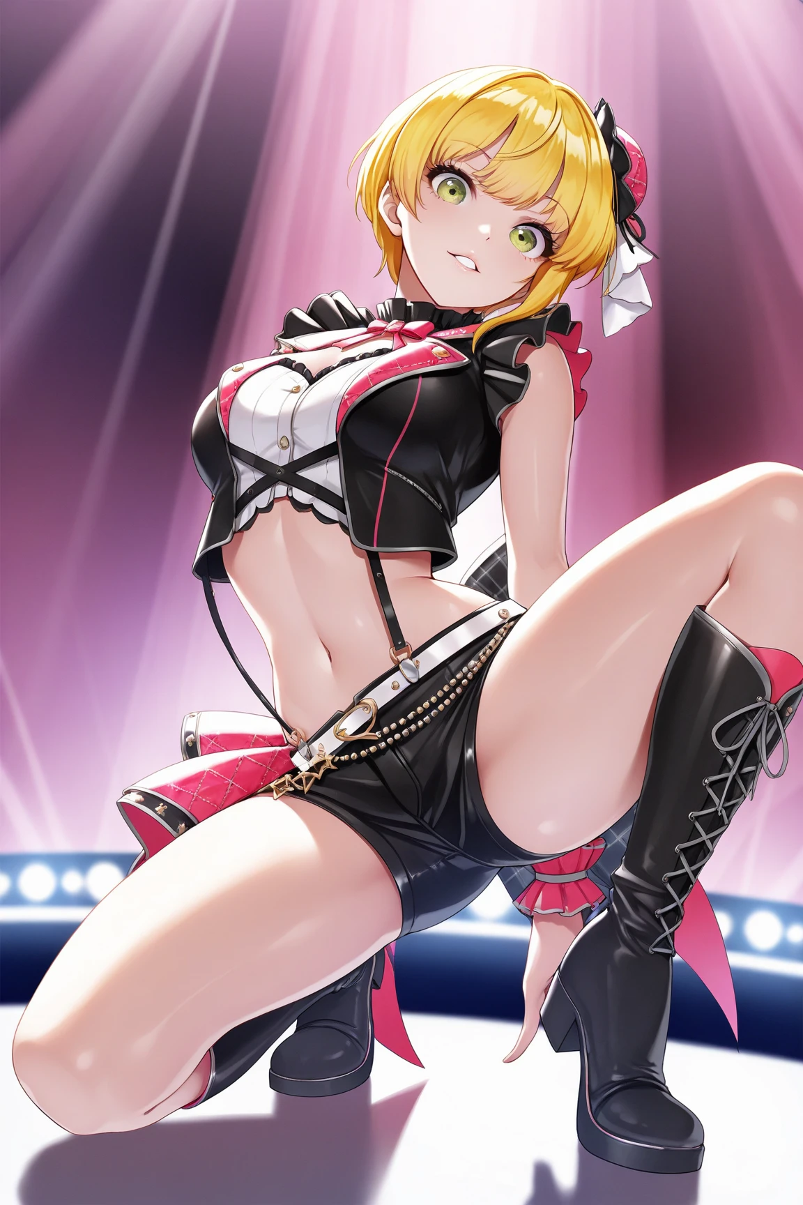 (Highest quality:1.1), (masterpiece:1.4), (Absurd:1.0), 
One Girl, navel, cleavage,midriff,collar, crop top, torn clothes、 spiked collar,  Medium chest、Looking at the audience、Bedroom、(blush:1.2)、Happy expression、(((pantyhose)))、(Showing pantieicro Mini Skirt))、((High heels))、Blonde、Long gloves