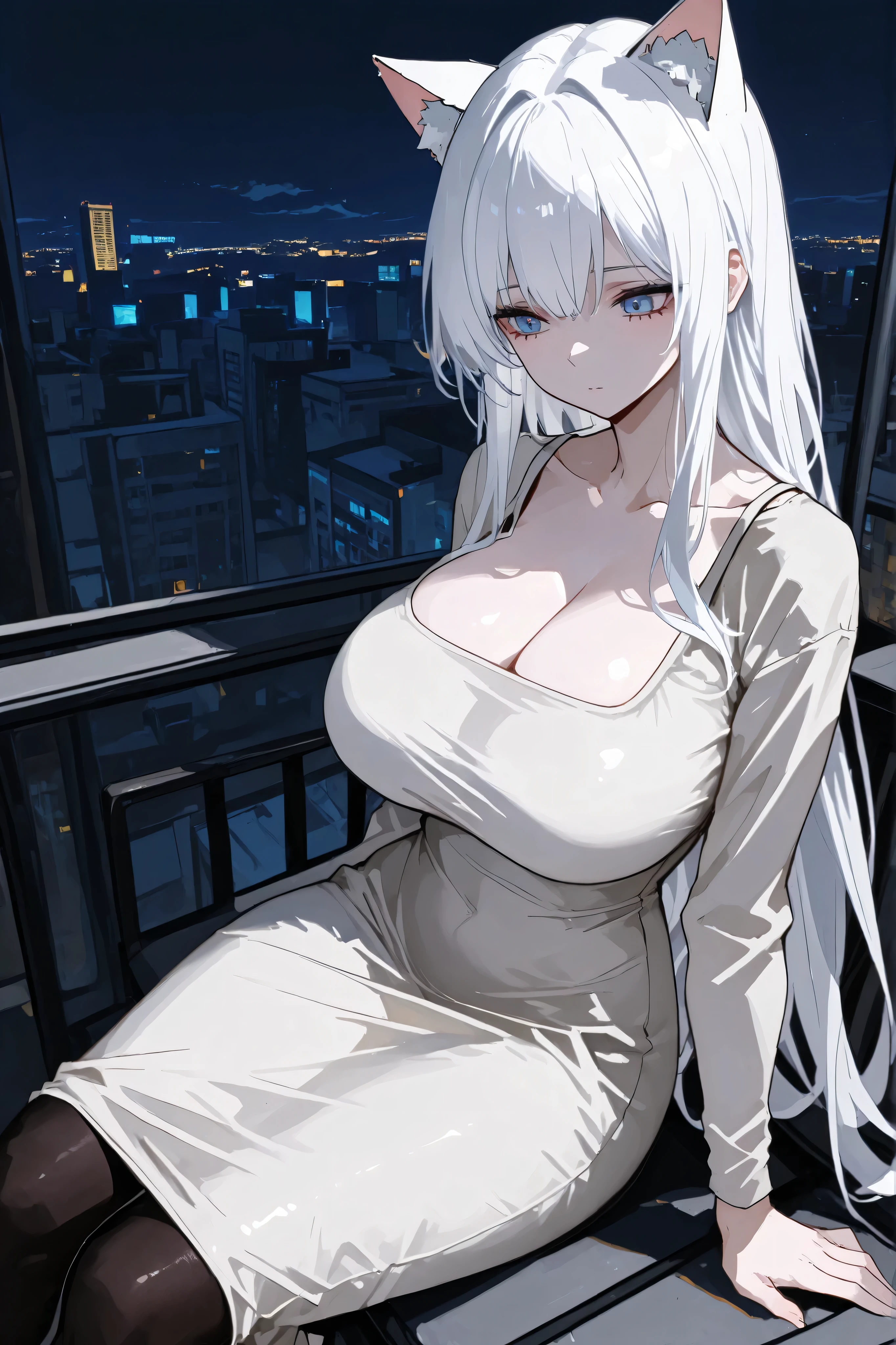 1girl, solo, white hair, long hair, blue eyes, cat ears, white dress, dongtan dress, black pantyhose, huge breasts, front shots, sitting, city, night