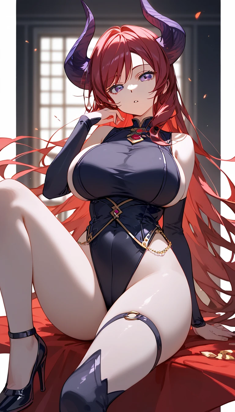 Red hair,Purple eyes, gown, 1girl in, breasts, Jewelry,, Side Ponytail, Necklace, Solo, Hair Ornament, cleavage, side locks, Bare shoulders, Cloudy night, earrings, Revealing clothes, Bangs, hair clips, Looking at Viewer, Large breasts, thighs thighs thighs thighs, Simple background, Bracelet, , Purple eyes, Cowboy Shot, Parted lips, Squatting, halterneck, (At the Ice Hotel:1.2)、The bikini:1.2