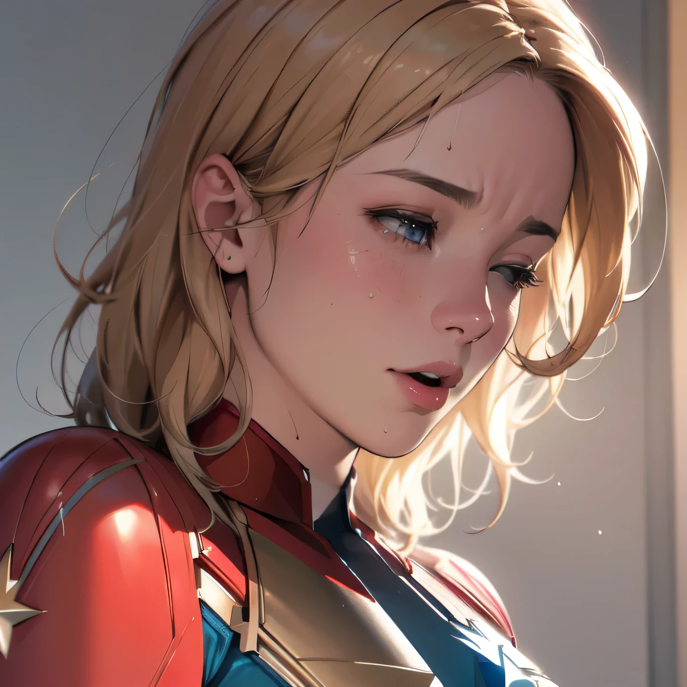 (masterpiece:1.3), (8k, realistic, RAW photo, best quality: 1.4), absurd, charm, ultra high definition , super real, very well detailed, golden ratio, (realistic), (best shadow), Low Contrast, (complicated:1.4), Side Lighting, 8k, beautiful face, (realistic Face), Beautiful Hairstyle, realistic eyes, beautiful details, (realistic Skin), beautiful skin, (one girl), ((Brie Larson, Captain Marvel)), (()), (placed in front of her), (long blonde hair:1.3), (half closed eyes), (moist eyes), (half-open mouth above the chin), (surprised expression:1.1), (flashing), (sweat), NSFW (is staring at the penis), (kissing penis:1.2), BREAK ((1. Juvenile, 1realistic penis:1.2)), BREAK side view, BREAK heart symbol, heart symbol, heart symbol, ((upper body, cowboy shot))