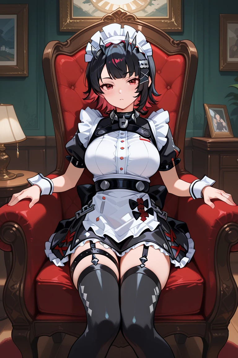 (score_9, score_8_up, score_7_up, score_6_up, score_5_up, score_4_up), masterpiece, best quality, high_resolution, 8k, UHD, 1girl, detailed, extremely detailed, best anatomy, (large breasts), indoor, short hair, black hair, bangs, red eyes, maid costume, stockings, black stockings, tail, fish tail,