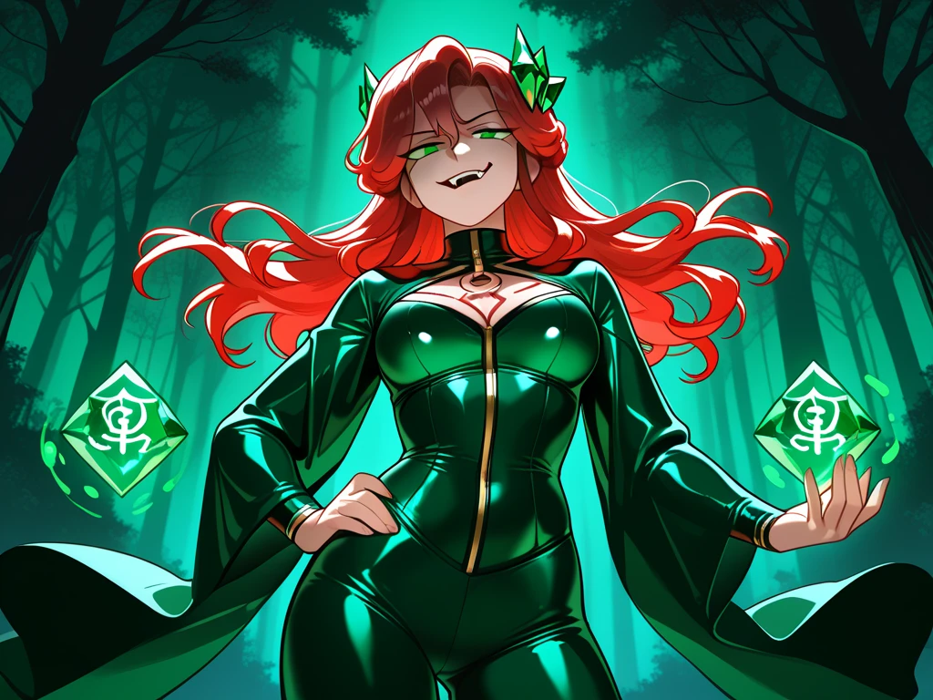 An orange haired female reaper with green eyes with an hourglass figure in yellow jumpsuit is spinning her scythe in the creepy woods with a big smile
