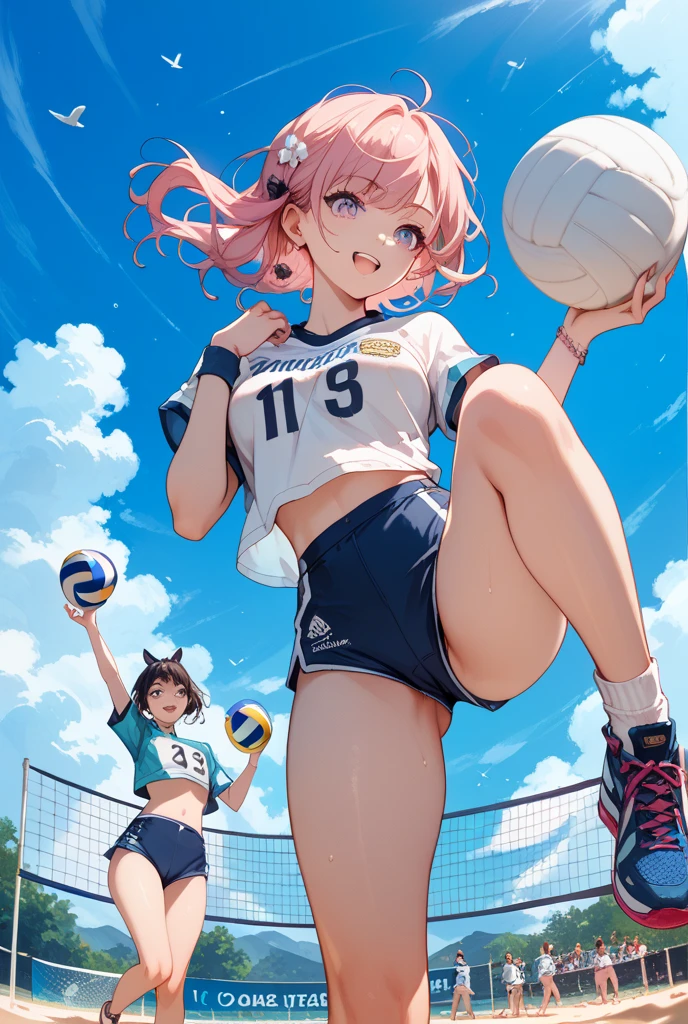 unity 8k wallpaper, anatomically correct, (((masterpiece))), (((best quality))), (((ultra detailed))), (((high-resolution))), ((super fine illustration)), ((Ultimate cutie)), ((detailed beautiful face)), perfect hands, perfect finger, (((good anatomy))), BREAK, multiple girls, lovingly gaze, harem, group picture, s old, (potbelly), (Curve), medium breasts, ((thick thighs)), Shiny hair, (((coquettish smile))), (((blush))), BREAK, Adidas, Sleeveless collared Volleyball Uniforms, ((wristbands)), BREAK, (Hold the beautiful spherical 6-inch volleyball), ((Sweat)), (perspired), (Heavy breathing), in gymnasium, in volleyball court, depth of field, strong light, cowboy shot,,