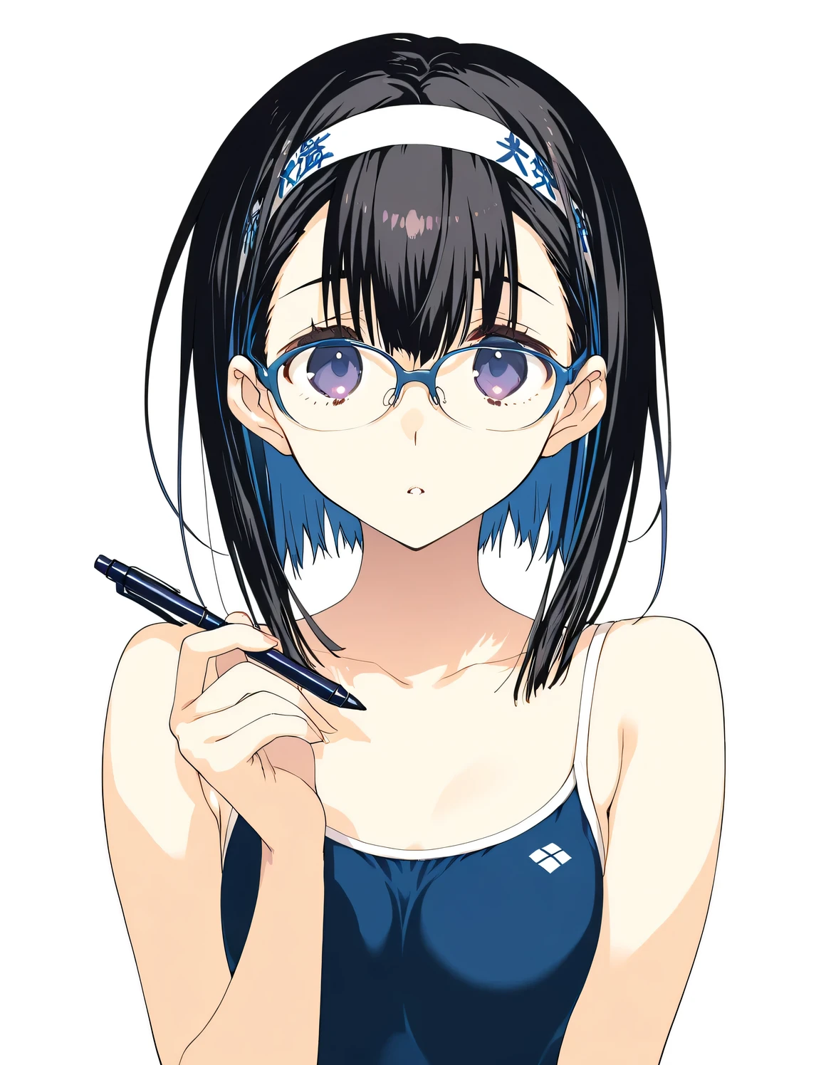 1loli girl, short hair, beautiful eyes, glasses, hachimaki, pen, Grok,(artist:mitsumi_misato),artist:fujiyama,artist:amazuyu_tatsuki, official_art, best quality, masterpiece, very awa, absurdres, highres, ultra-detailed, super detailed skin,Realistic texture,very aesthetic,clear line illustration,analogous colors, limited palette,sexual lighting,