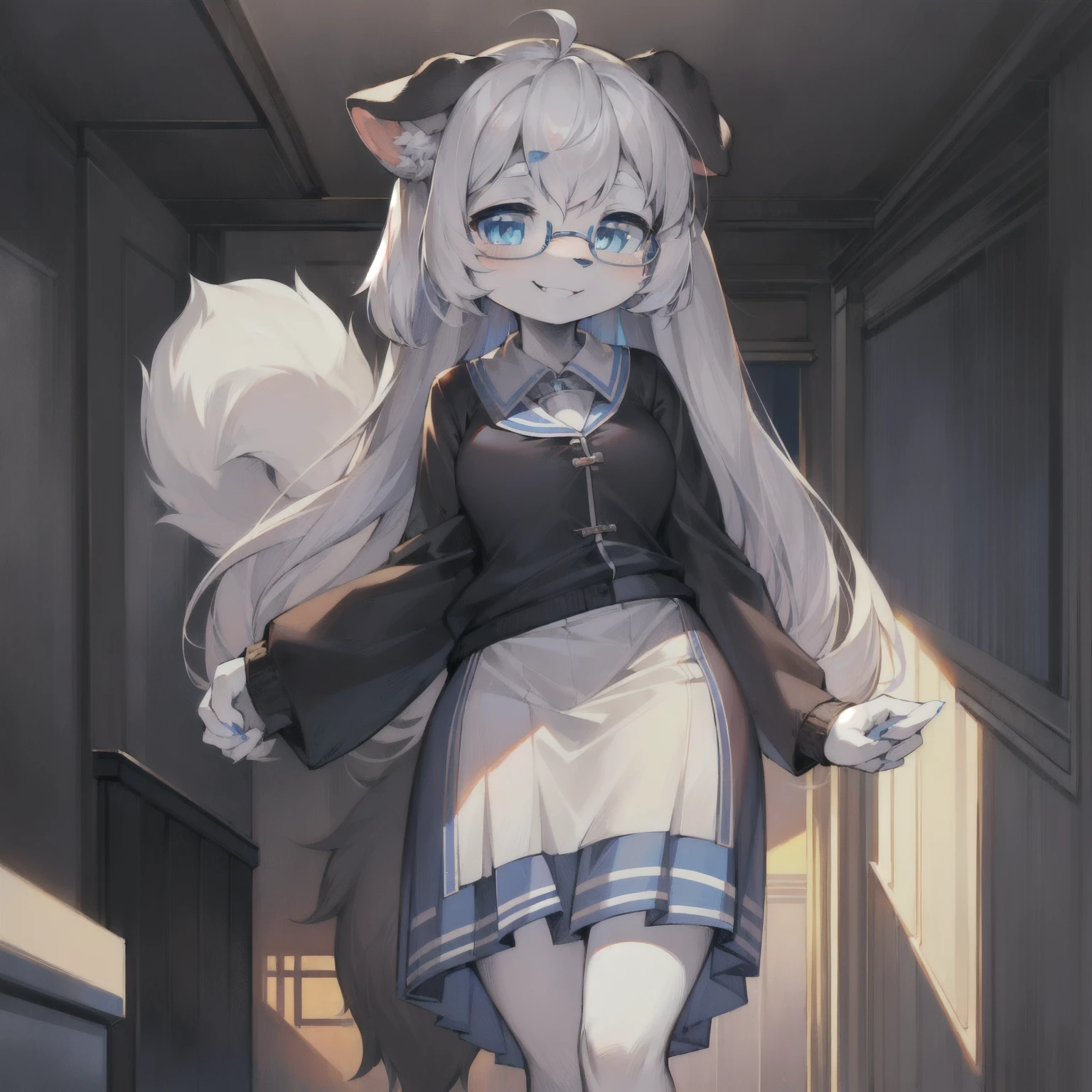 (ambiente dark:0.4),masterpiece,high quality,abstract res,digital painting\(artwork\), by dagasi, yupa,kiyosan,(anthro,fluffy fur,character focus:1.1),anthro famale cat,long hair,portrait , eyes with brightness, in a panoramic view, Character focus.(detailedbackground:0.7), 独奏, shaggy, Furry female, female focus, anthr,(Full Body Furry, Fluffy tail, White fur, blue color eyes, Gray hair:1.2), (Cat animals、the scientist、White coat:1.2),(interiors、the night、hospitals、drug:1.1)