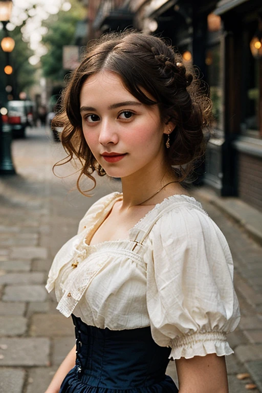 (a close-up of a beautiful 15 year old girl on a 19th century street in a vintage dress), (serious:0.5), (high-detailed face:1.4), ass pov, Nikon D850, film stock photography, 4 Kodak Portra 400, f1 camera.6 lenses, saturated colors, hyperrealisti, realistic texture, dramatic lighting, Cinemastill 800, 19th century Victorian style, natta, Vintage lighting, Medium curly hair