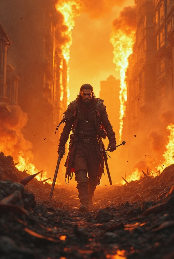 there are many people standing around a fire with torches, whiterun city burning, burning scene in the background, in screenshot from the 300 movie, shot from game of thrones, action scene from the film, still image from game of thrones, stunning vfx, an epic viking battle scene, video still, lots of flames, movie still from game of thrones