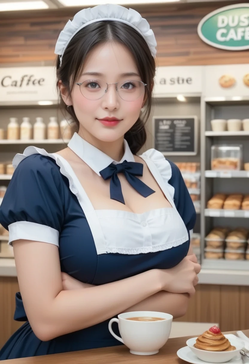 ((masterpiece))、((Highest quality))、photograph、reality、High resolution、Advanced Depth of Field、become close、Realistic lighting、Delicate facial features、Realistic Background、(The whole body is shown:1.2)、(Looking at me with a smile:1.3)、(Big Breasts:1.2)、(Erect nipples:1.2)、(Slender:1.2)、(Hamburger Shop Uniform:1.5)、(Sleeveless shirt with ruffled collar:1.2)、(Short tight skirt:1.2)、(apron:1.2)、(The background is an empty cafe:1.2)、(Early teens:1.5)、(Young face:1.5)、(Short)、(Braid)、Glasses、(Lift up your skirt and show off your panties:1.2)