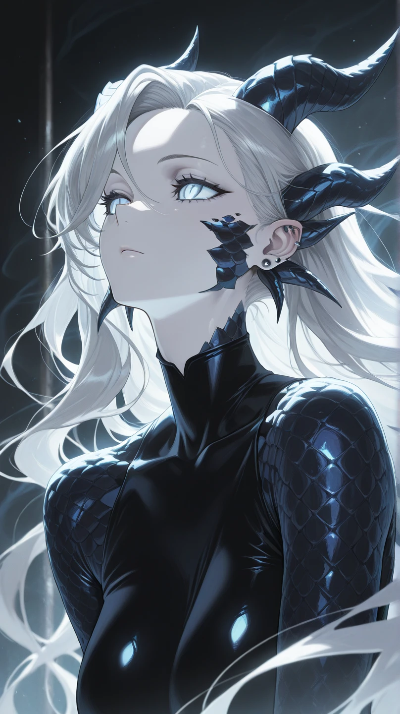 masterpiece, best quality,detailed eyes, amazing quality, newest, very aesthetic, 1girl,Her form is a mesmerizing mosaic of dragon scales, each one shimmering with an iridescent sheen that shifts subtly in the light. Her skin, a ghostly pale hue, contrasts starkly with the deep, metallic tones of the scales, giving her an otherworldly appearance. Her face is angular and striking, with sharp, defined cheekbones and a smooth, almost regal forehead. Her eyes, pale and piercing, reflect an enigmatic depth, hinting at ancient wisdom. The scales are intricately arranged, creating a mesmerizing pattern that enhances her ethereal beauty. Despite the formidable material, her overall presence is both majestic and hauntingly delicate,