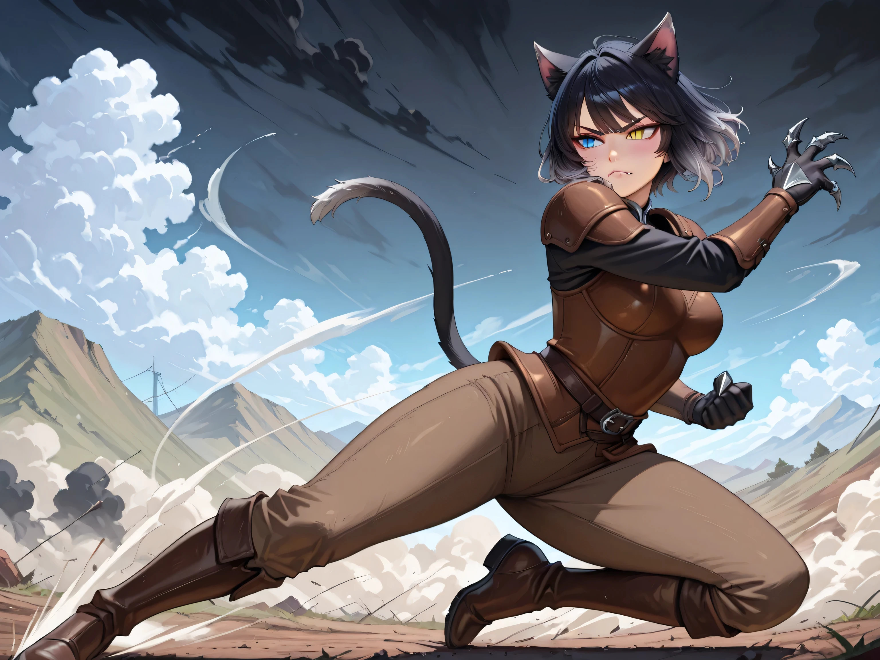 from side full body, looking side, 1 woman staring with wrinkles between her eyebrows, fighting stance, fighting pose, dynamic pose, spread legs, (adult cool woman:1.1), (((slit pupils.:1.3))), heterochromia, blue eye, yellow eye, black hair, [(gradient hair from silver to black:1.4):0.4], shiny hair, wolf cut hair, fang, cat ears, perfect artwork, picture-perfect face, beautiful face, charming, seductive, alluring, enchanting, stylish, medium breasts, brown leather armor, brown leather shoulder pads, brown leather bracers, brown pants, leather boot, clawed gloves, black cat tail, black clouds swirling and thunder rolling in the distance, wasteland, kick up a thick cloud of dust, dust storm, masterpiece, best quality, ultra realistic 8k cg, epic,