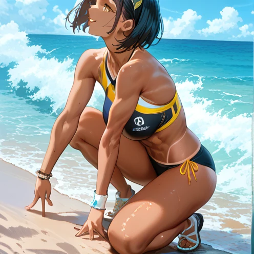 skinny, Walking arrogantly on the highway, (Tank top), a woman lying on a pool in a Bikini while smiling into the lens, 1girl, pool, solo, swimsuit, black hair, closed eyes, Bikini, breasts, water, smile