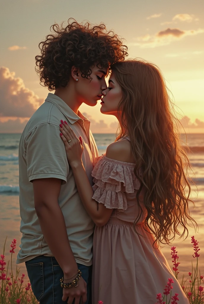 Casal jovem se beijando, praia, coqueiro