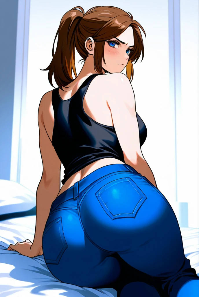 score_9_up, score_8_up, score_7_up, 1girl, solo, mature female, Shoko, long brown hair, brown eyes, mole under right eye, pink lips, parted lips, fit slim body, perfect medium erected breast, (((blue long sleeve, blue tight torn jeans))), (((higly detailed modern luxury bedroom))), looking at the viewer, perfect model body, naughty smile, seductive pose, sitting on the chair with spread legs and showing her ass, looking back, (((from behind bottom)))