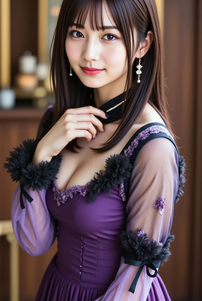 girl, White skin, ((Dark brown short tiered hair)), V cut with layers and bangs, Brown eyes, Soft atmosphere characteristics (Highest quality, Ultra-high resolution, 8K, RAW Photos, Ultra-high resolution: 1.2, masterpiece: 1.3), (Realistic, Realistic: 1.37), Very detailed, Professional Lighting, Photon Mapping, Radio City, 物理ベースレンダring, One Girl, (high school girl), Sharp focus:1.2、Beautiful woman:1.4,cute, Nice, Adorable smile, Normal chest, Cross Necklace、Earrings、ring,(Cleavage)、((Dark brown short hair),Gothic ta Fashion, (((Stay Night, Violet Evergarden))),(A cute toothy smile),Japanese cityscape at night,Tokyo,whole body 身長170cm 体重38Kg 座って足を開く High heels
