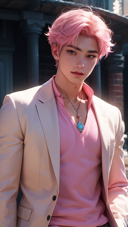 Young man, V of BTS, short and blonde hair, blue eyes, soft face, big lips, pink clothes, male body, y2k glowing fuch lights background