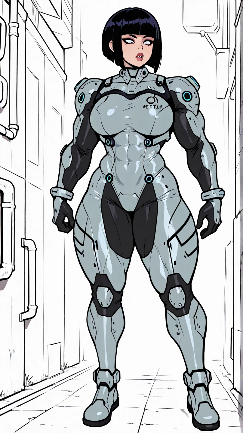 8k ((full body view))((view from below:1.5)),(large eyes:1.3), defined cheekbones, looking back, ((the pit style:1.4))((sleek chrome bodysuit:1.6)) ((intricate metal details:1.4))detailed face:1.5), lightblue skin,(puffy lips:1.5) (lightblue skin:1.6), (bald woman:1.7), (skinhead) ((sexy pose)),(Muscular:1.3), ((gigantic breasts:1.5)), )highly detailed, majestic, digital photography, art by artgerm and ruan jia and greg rutkowski, ((metal shoulder pads:1.2)), (masterpiece), sidelighting, intricate details, (((white color palette)))