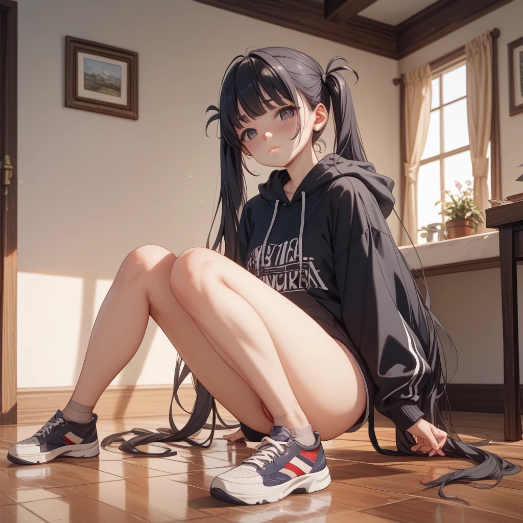 1girl, solo,  small breasts,  ratatatat74_style,  8k uhd, soft lighting, high quality, highly detailed, detailed background, (masterpiece, best quality, high quality, highres:1.2), detailed, extremely detailed,  masterpiece, best_quality,  thin waist,   gawrdef, blue hoodie, full body, evil smile,  looking at viewer, stairs, from below, barefoot,  foot focus, seductive smile, feet, evil grin,  sitting on stairs, feet up, soles,