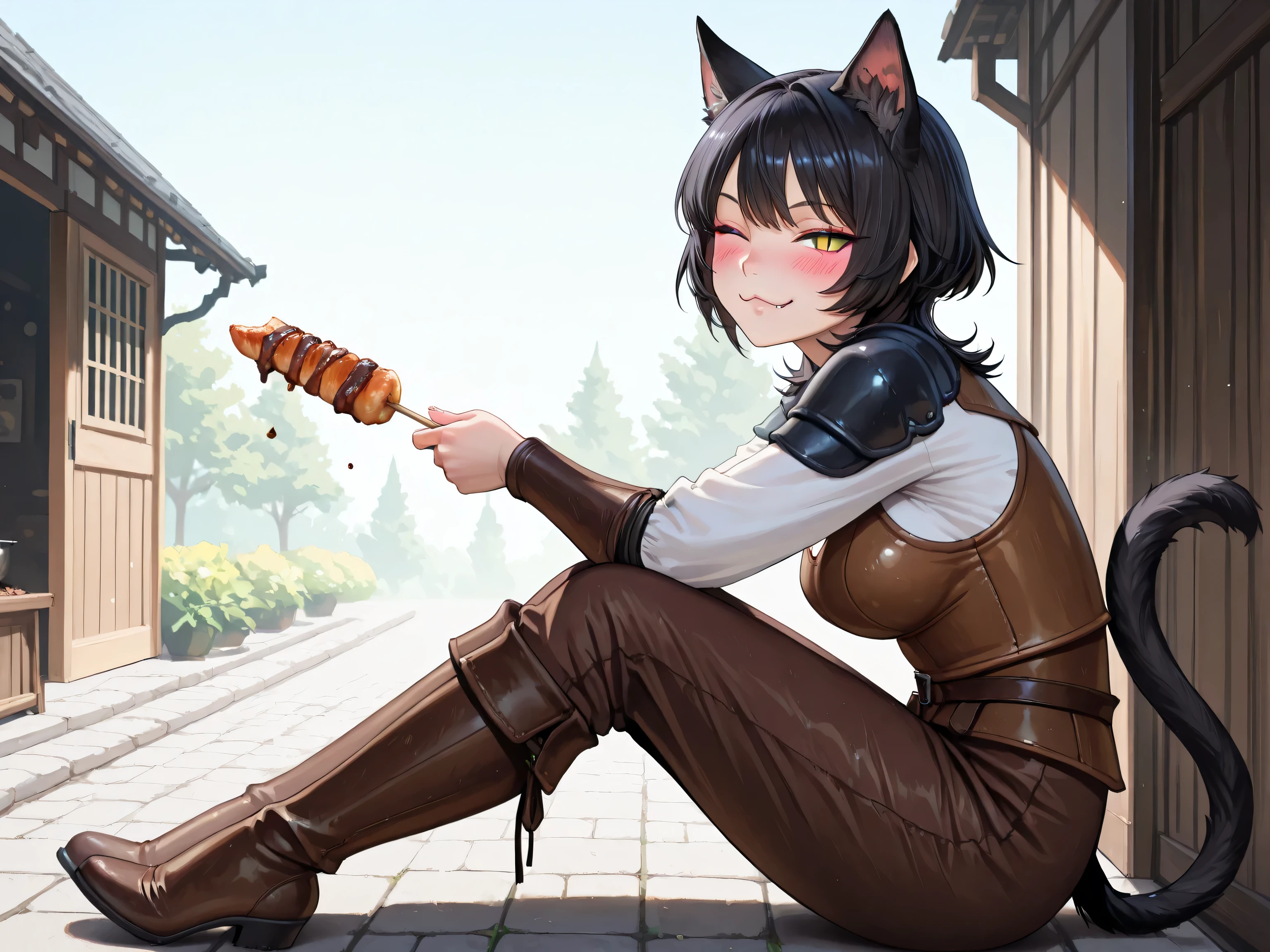from side, full body, looking at view, 1 woman holding grilled skewers at a medieval-style food stall, M4rket, Outdoors, (adult cute woman:1.1), smile, blush, (:3.1.2), (((slit pupils.:1.3))), closed eye, black hair, shiny hair, wolf cut hair, fang, cat ears, perfect artwork, picture-perfect face, beautiful face, charming, seductive, alluring, enchanting, stylish, medium breasts, leather armor, leather shoulder pads, leather bracers, brown pants, leather boot, , black cat tail, masterpiece, best quality, ultra realistic 8k cg, epic,