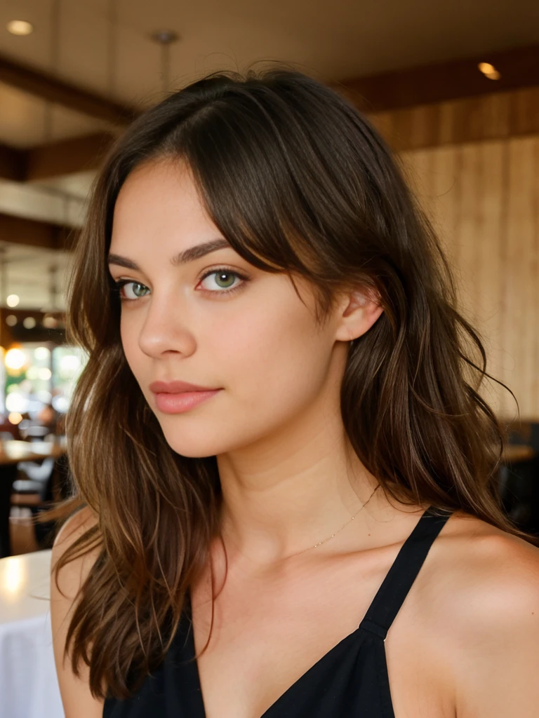 Une belle jeune femme blanche, dark and straight hair, yeux marron clair, her lips should be full and inviting with a natural pink tint, photo instagram (textured skin, pores de la peau:1.1), (taupes:0.8), Peau imparfaite, visage parfait. photo de tout le corps. Messy Jeans