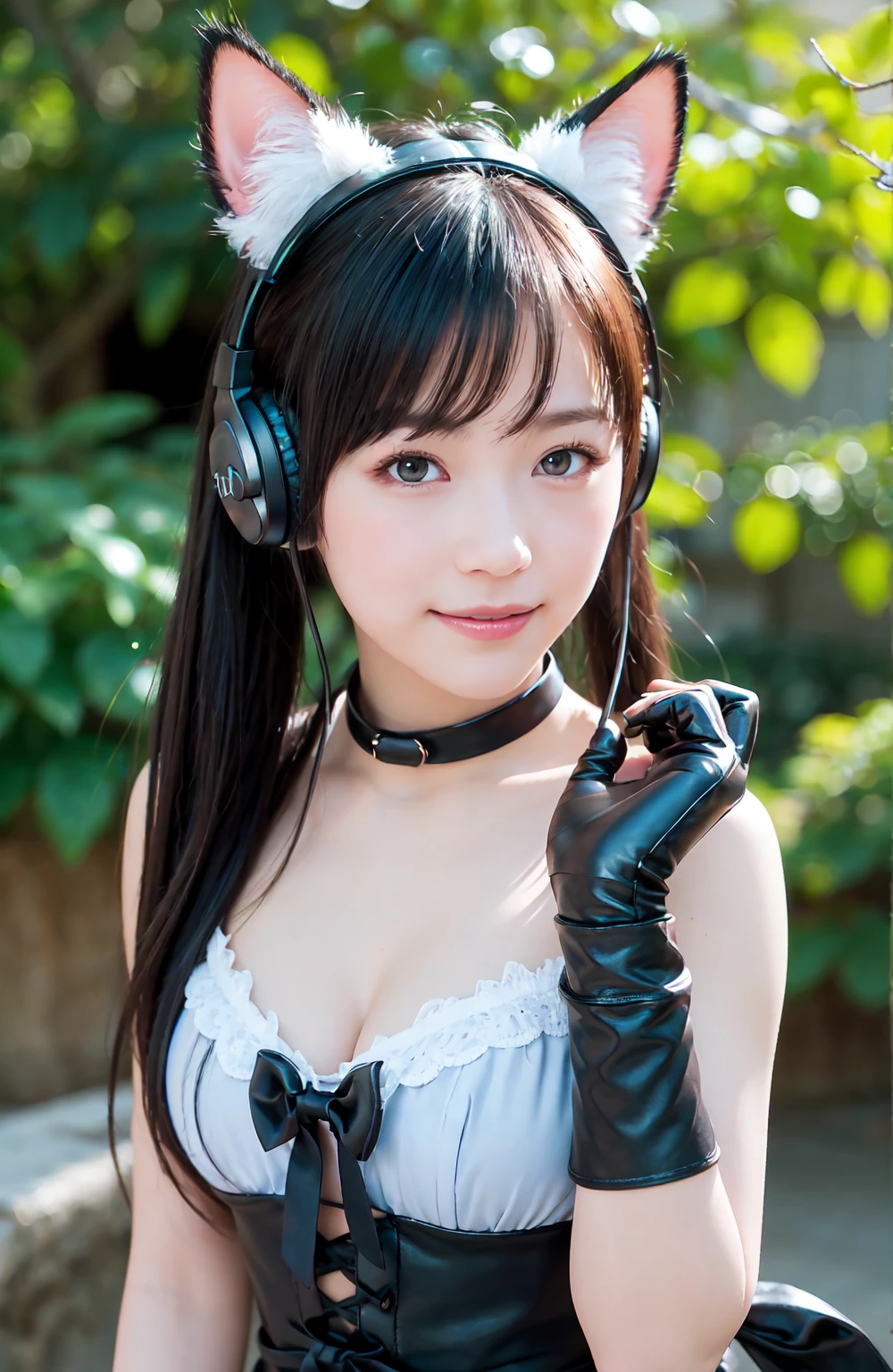 ((Highest quality, 8k, masterpiece:1.3)), Detailed eyes, (View from the front), Looking at the camera, ((Everything is Shining、Reflects light:1.2)), (Optimal ratio: Four fingers, One thumb), (Portraiture), (((One Piece Uta))), 1 Girl, Cute Face, Tilt your head, Half Body Shot, Counter Past, Blushing, smile, Outdoor, city, Expressive eyes, Perfect Face, , uta, Long Hair, Headphones, ribbon, Large Breasts, neck ribbon, Split Color Hair, Hair on one eye, Twin tails, Hair Ring, black ribbon, Are standing,1girl, split-color hair, hair over one eye, red hair, multicolored hair, long hair, purple eyes, two-tone hair, hair rings, headphones, ribbon, white hair, bangs, very long hair, medium breasts, white reverse Bunny, huge smile, ,Reverse Bunnysuit,breasts, 1 girl, meme outfit, bangs, reverse bunny suit,, reverse outfit, heart patty, big tits,