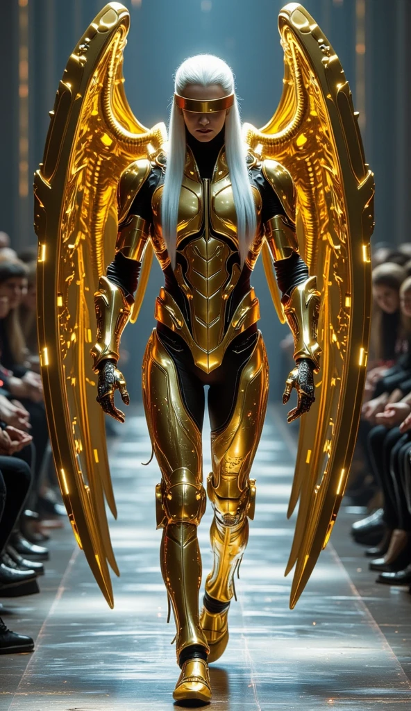 create a stunning fantasy image about front view of a muscular man (handsome, blindfold, white long hairstyle) wearing a shiny gold plated futuristic armor with ultra detiled big robot wings (the armor material reflects light and emits massive neon effects), complex armor stitching, neon threads decorated the armor, she walked in a futuristic fashion show, crowded futuristic fashion show as background (cyberpunk style), best angle, best quality, MASTERPIECE.
