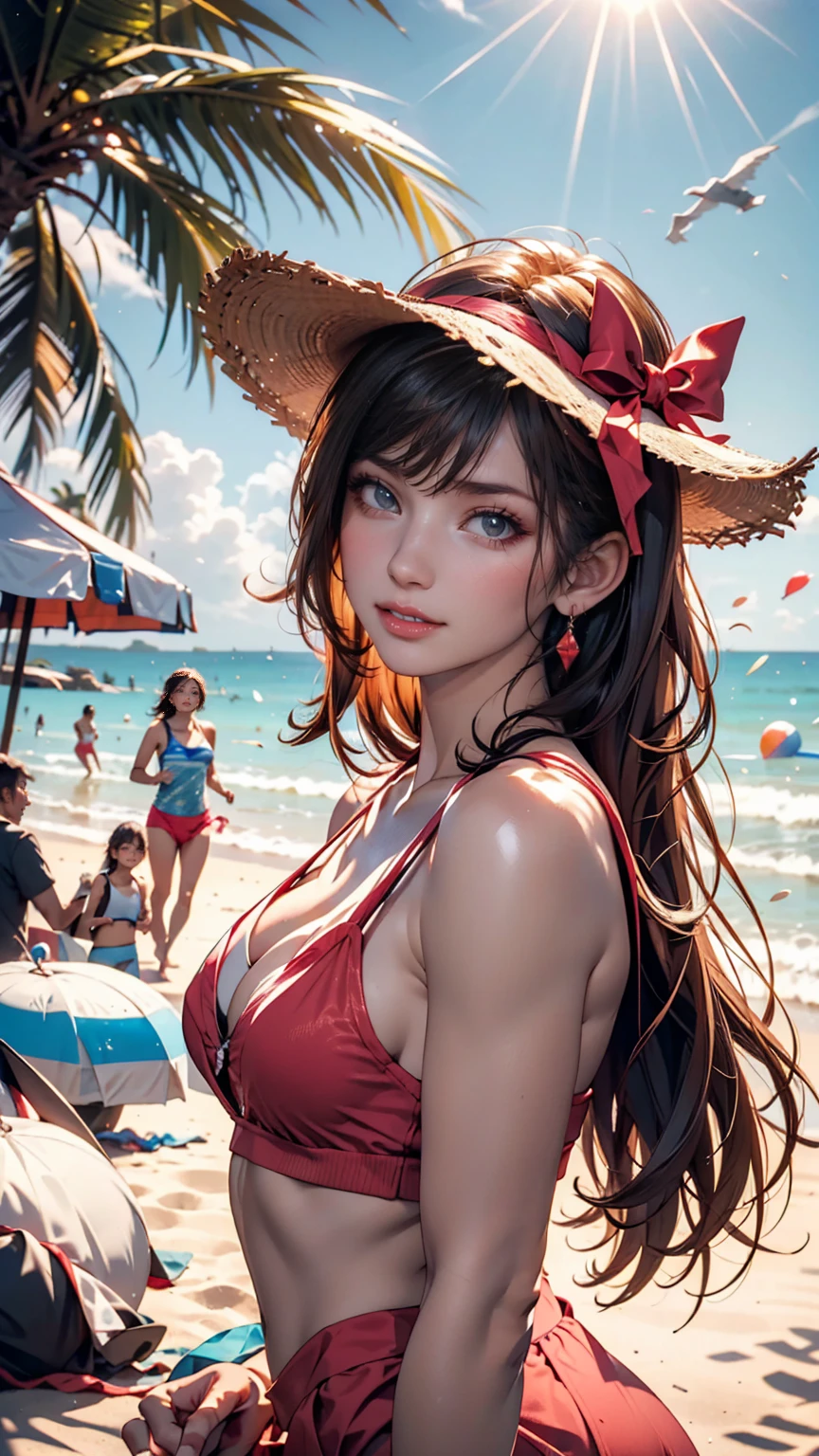 (Red and gold bikini:1.1), Beautiful beach with palm trees in the background, cleavage of the breast, (Light brown eyes:1.2), Blonde hair, Left and right symmetrical eyes, symbol-shaped pupils, wide eyes, longeyelashes, Solid Circle Eyes, makeup, （Laughing）, surrealism, Hyper-Realism, Verism, depth of fields, nffsw, masutepiece, ccurate, Anatomically correct, Textured skin, Super Detail, high details, High quality, Best Quality, hight resolution, 1080p, hard disk, 4K, in 8K