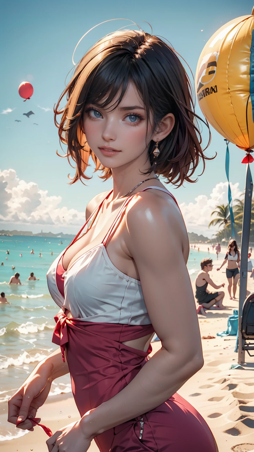 （hyper-realistic), (illustratio), (A high resolution), (8k), (extremamente altamente detalhado), (best illustration), (olhos lindamente detalhados), (melhor qualidade), (Ultra - Detalhado), (tmasterpiece), (Rosto detalhado), solo，(dynamicposes)，1 rapariga,18 anos，Alunos，Cabelos cacheados rubro-negros，sarda，Peito grande，olhos de cor azul ，pequeno bonito，com um rosto redondo，bonito e comovente，roupas de banho，NSFW