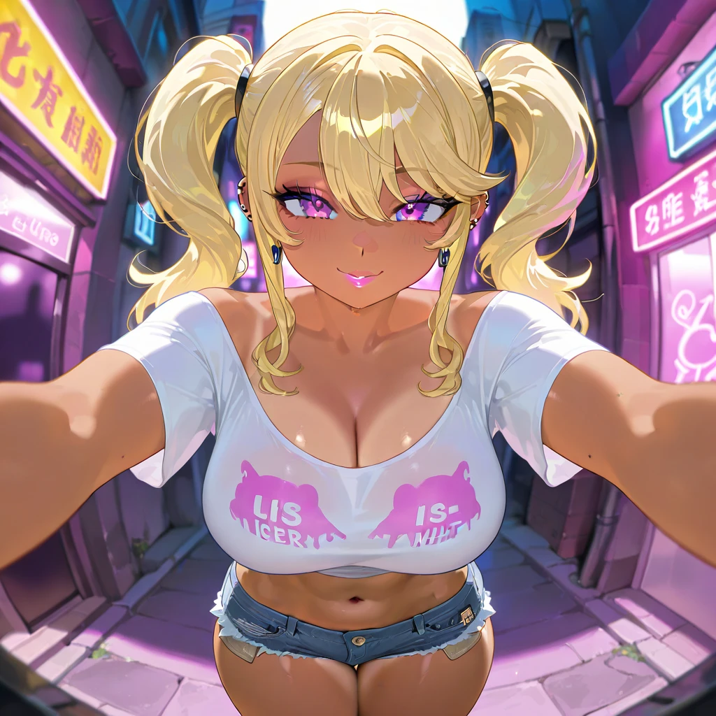 1girl, ((adorable,beautiful)), perfect body, blush, Braided Half-Up Princess Hairstyle, white hair, fit white shirt, short pants, cleavage, shine lips,((detailed eyes)), posing in front of neon buildings, ((pink neon signs, neon buildings background)), Tokyo, Artgerm, cyberpunk style, retrowave, ((realistic)), soft lighting, night, 8k, (masterpiece, best quality:1.5), ultra detailed, depth of field, looking at viewer, ((cowboy shot)), dramatic, (((bokeh))),