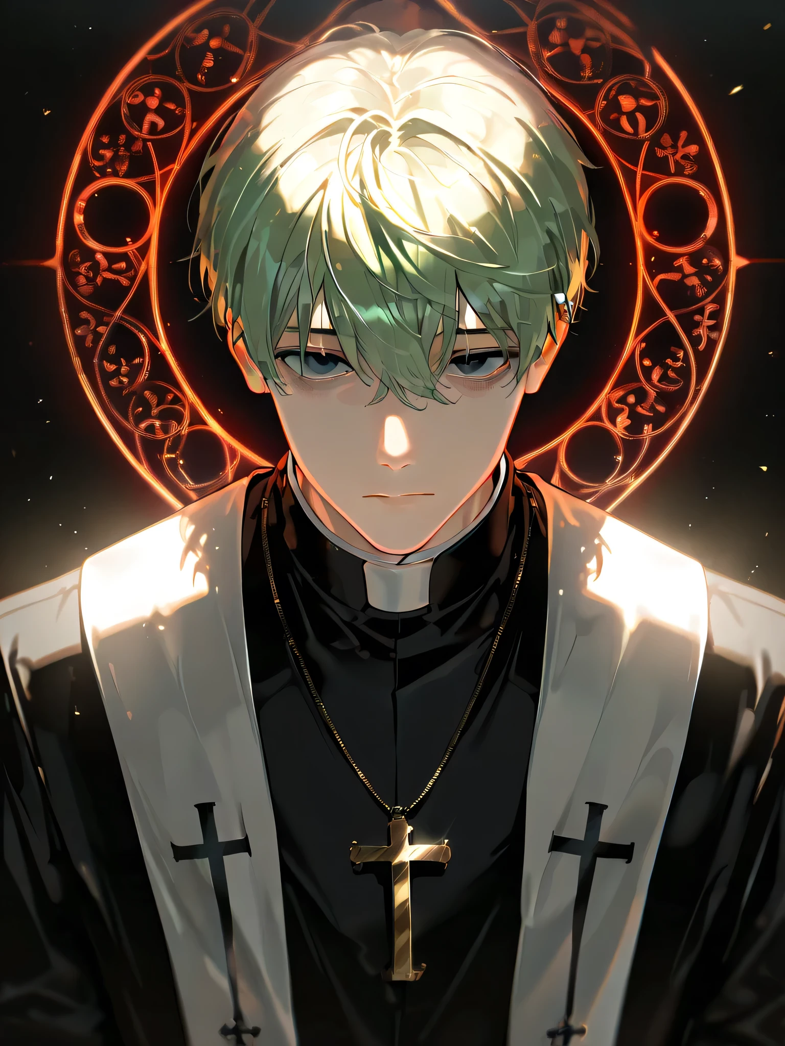 masterpiece, best image quality, amazing quality, very aesthetic, absurdres, recent, ultra-precise, very beautiful, absurd, depth of field, Natural light, strong light, Aesthetic color, shining, Detailed Face, high resolution, 748cm style, 1 man, priest, priest 복장, Tied Marikarak, Tired eyes, dark circle, Raised Eyes, is expressionless, Green Hair, black eyes