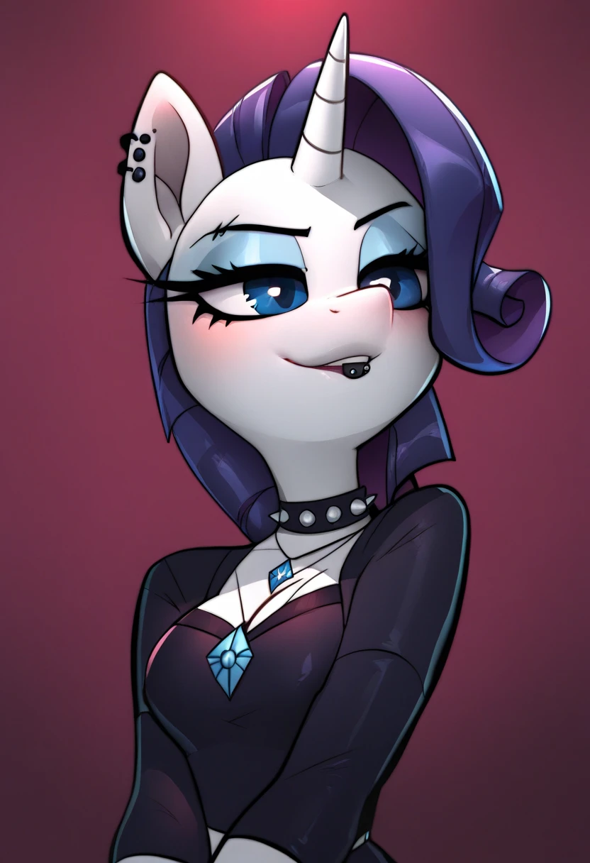 My little pony, anthro, dark blue hair, white body, brown eyes, opened her mouth, and strings of saliva stretched, (panties pulled down slightly), big breasts, finger on tongue, heart collar, earrings, piercing, black eyeshadow, black nails, patterned underwear, (Striptease), pussy