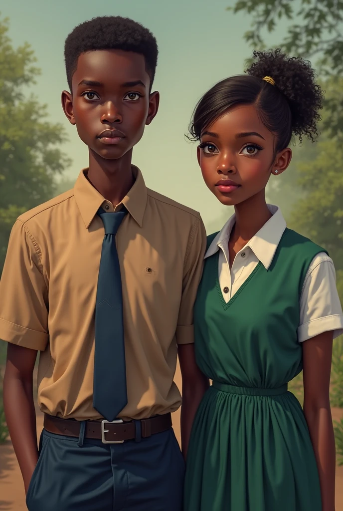 Create a highly detailed ultra realistic portrait image of a young cute African boy of around 12 years, wearing white shirt and having a low shaved haircut It's the story of a young black boy, around 12 years old, who is chatting under a tree with his grandfather. There's a bag next to them."