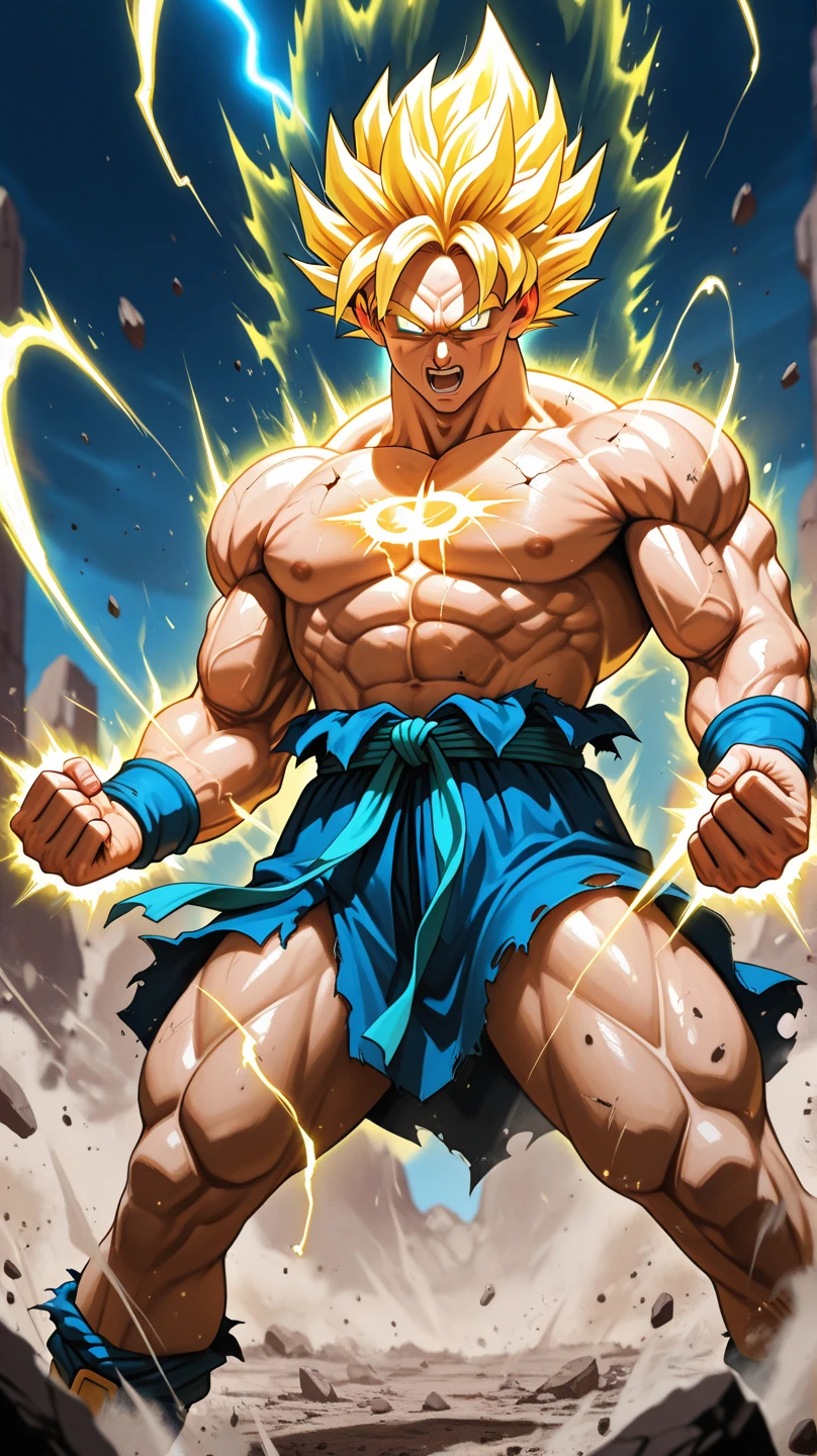 masterpiece, Highest quality, bold, colorful, anime, figure, alone, Dynamic pose, View your viewers, Detailed face, One boy, Dragon Ball, Muscular, Broly, legendary super saiyan, Green Hair, White eyes, Gold Necklace, Red waist robe, white baggy pants, Golden Shoes, Gold bracelet, r1ge, Blue aura, electricity,