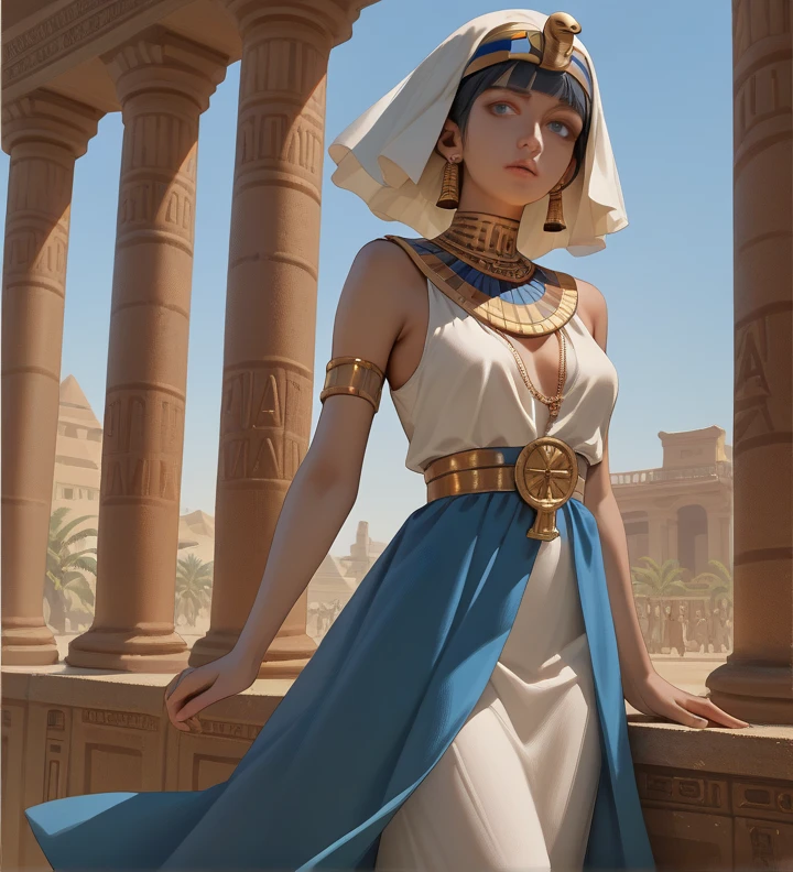 (masterpiece:1.3, 64k), intrincate details, (highly detailed), ai-generated, cinematic lighting, shading, (best quality), absurd, UHD, (ultra high-resolution), ultra-detailed, cgi, (lineart), clear, vibrant colour, shadow, contrast, refraction, perspective, depth, (depth of field), light particles, (hyper detailed), elaborated features, (volumetric lighting), BREAK 1girl, (25 years old), solo, (perfect anatomy), short hair, black hair, (colored inner hair, (blue hair:0.9)), front hair bob cut, (bob_cut:1.3), (super detailed hair), (dark_skin:1.2), (red eyes:1.2, extremely delicate eyes:1.3, beautiful eyes, super detailed pupils, eyelashes), (super detailed skin), (perfect face, beautiful face:1.1), glossy lips, (medium breasts:1.1, pointy_breasts:1.3), (slender body, thin waist, medium hips), BREAK (egyptian dress, golden dress:1.2), (earrings), BREAK (cute smile), (medium shot), back view, dynamic pose, dynamic angle, BREAK outdoors, (Hathor Temple, Ancient Egypt), (Night:1.5), BREAK beautiful girl, vivid color, sharp focus, perfect hands, perfect light, dutch angle,