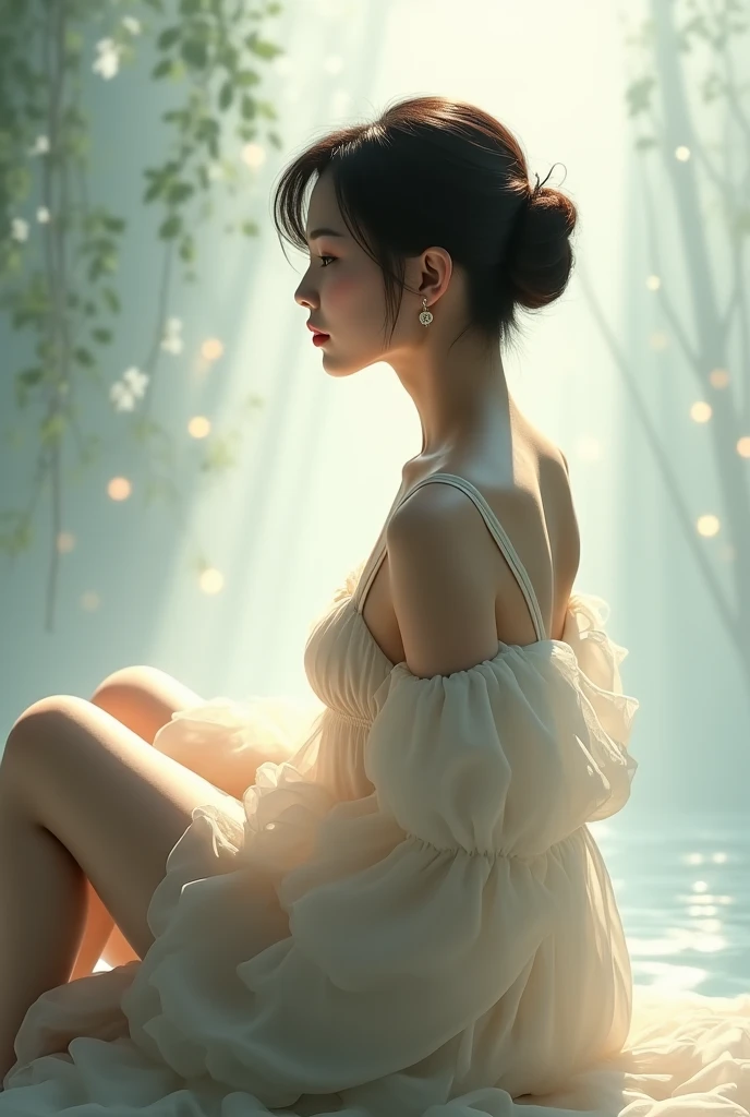 in the serene mountainous landscape, a full body fairy surrounded by blooming flowers sits by a small stream, indulging in the soothing act of washing her feet. Her delicate features are highlighted by beautifully detailed eyes and lips, adding a touch of enchantment to her appearance. The medium used to depict this scene is a combination of vivid colors, capturing the ethereal essence of the fairy. The artwork showcases ultra-detailed elements, with an emphasis on realistic and photorealistic rendering techniques. The high-quality image is characterized by its sharp focus and exquisite attention to detail. The use of studio lighting further enhances the visual impact, creating a dreamlike atmosphere. The fairy seems to be bathed in soft, natural lighting, casting gentle shadows on the surrounding flora. The overall color palette is vibrant, with pastel hues dominating the scene, evoking a sense of tranquility and magic.