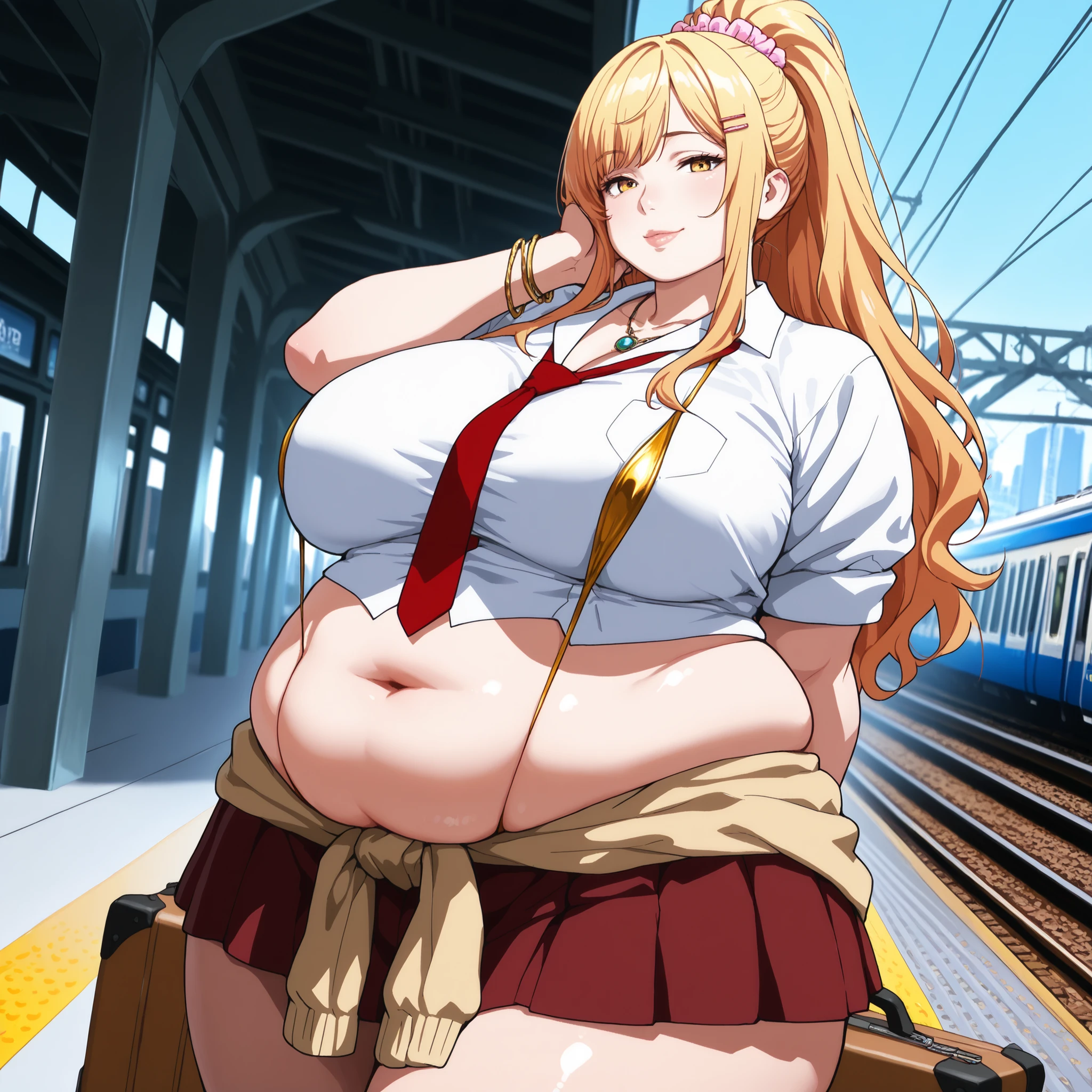 1 woman, beautiful mature woman, attractive detailed face, delicate facial features, detailed skin, huge breasts, slingshot swimsuit, hand behind back, looking seductive, ultra-detailed, (best quality,4k,8k,highres,masterpiece:1.2), cinematic lighting, octane render, 8k uhd, extremely detailed, intricate details, hyper realistic, high definition, sharp focus, ,compositionmuted colors, skin pores, score_9, score_8_up, score_7_up, (cowboy shot, dutch angle:1.2), score_9, score_8_up, score_7_up, source_anime, himari ishikura, long hair, bangs, blonde hair, large breasts, hair ornament, yellow eyes, ponytail, hairclip, high ponytail, large breasts, anime screencap, skirt, shirt, jewelry, school uniform, white shirt, necktie, collared shirt, necklace, bracelet, red skirt, red necktie, clothes around waist, gyaru, train station, waiting for train, suitcase, traveling, commute, city skyline, hands behind back, , head rest, smile,, looking at viewer, solo,, cowboy shot, solo, (negative_v2 Color_Balance_Calibration:0.8), negativeXL_D, aidxlv05_neg, Stable_Yogis_Animetoon_Negatives, chubby, chubby girl, curvy, large breasts, lips, plump, thick thighs, thighs, (((oversized gigantic stomach)), curvy, large breasts, lips, plump, thick thighs, thigh, immobile