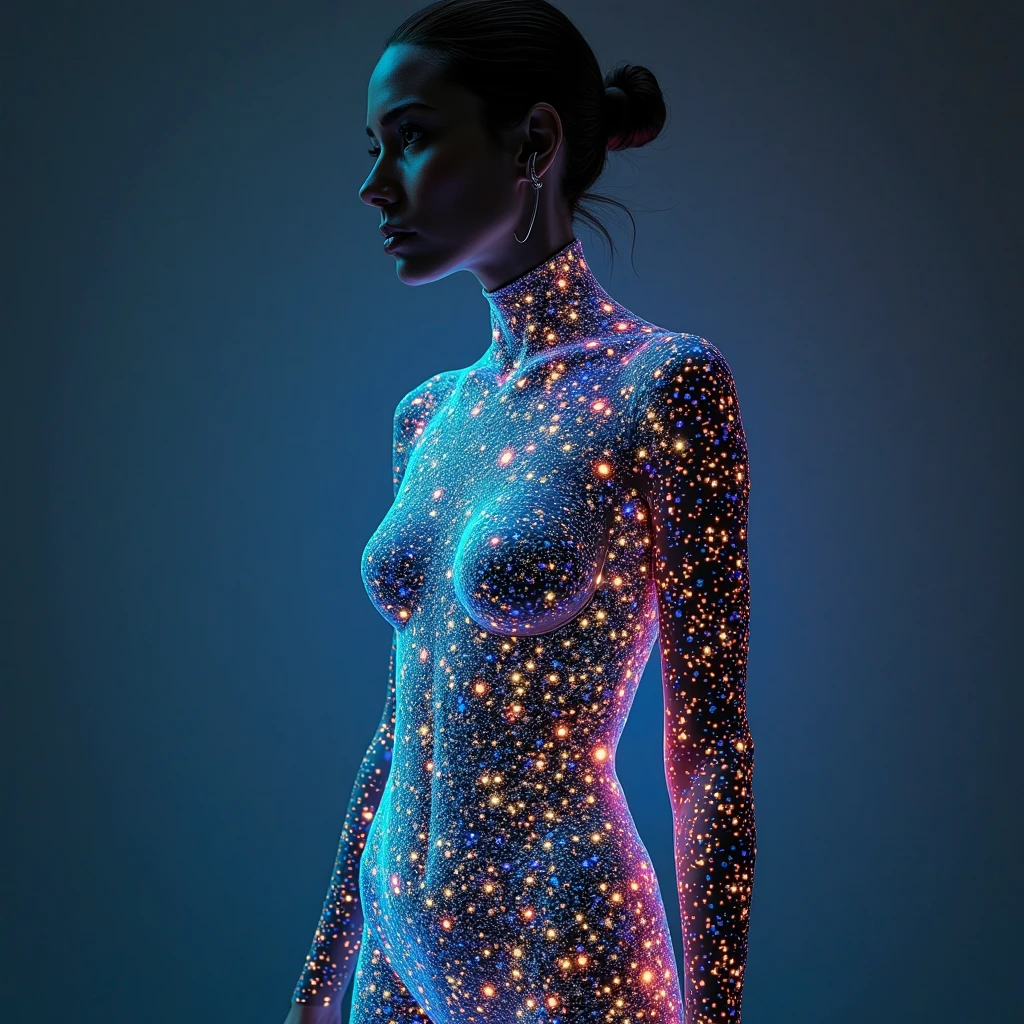 (masterpiece, best quality), 8k,(((Very detailed))), Transparent body with colored glass background race:1.8,Super intricate ethnic pattern,Colorful ethnic pattern,Transparent body with colored glass background, mandala,Light Up,cold, 1 female,Open back,(curls,bionde),