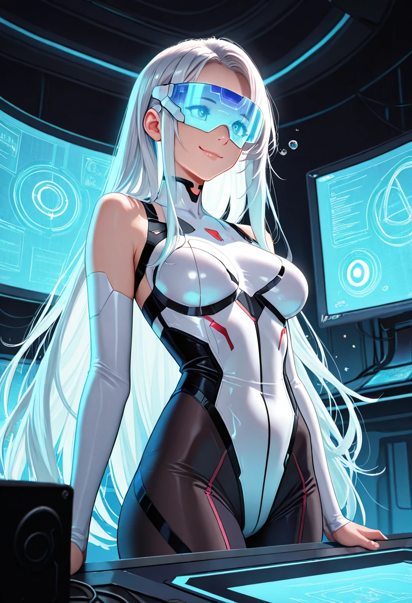 best quality, head-mounted display,
(1 girl, solo), exposed waist, exposed thighs, surrounded by azure neon, floating azure hair, NodesTech mascara, NodesTech headdress, long hair, ethereal hair, multicolored azure hair,
BREAK sci-fi background, detailed background, crop top cyborg armor, azure neon background, data space