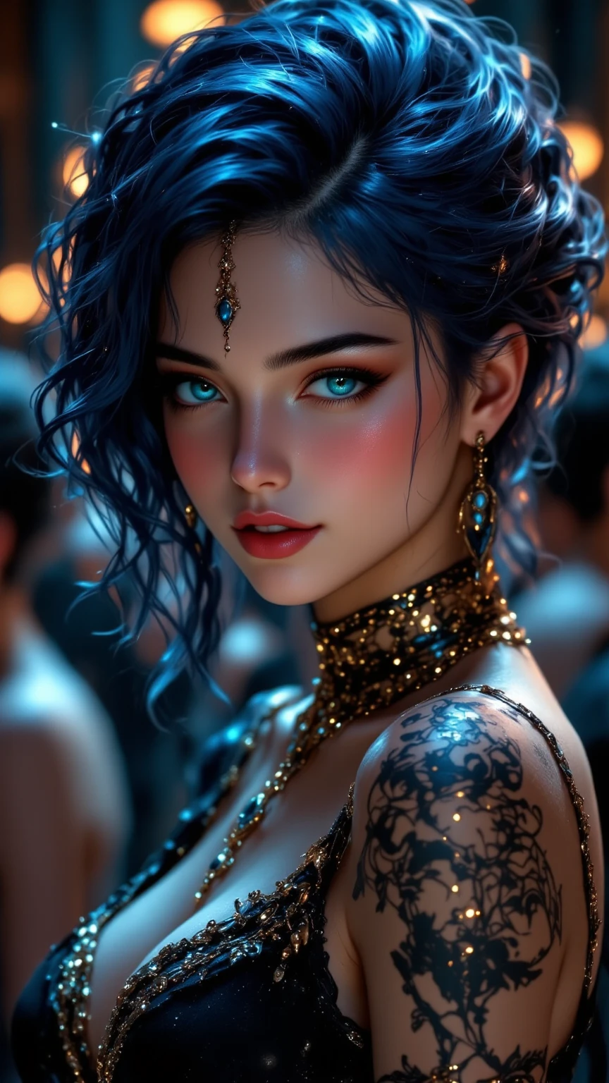 (masterpiece, top quality, best quality, official art, beautiful and aesthetic:1.2), (1 naked girl:1.2), cute dark skinned black chick,(big breast) extreme detailed,(abstract:1.4, fractal art:1.3),(teal and gold_hair:1.1), teal eyes,colorful,highest detailed, Beautiful girl