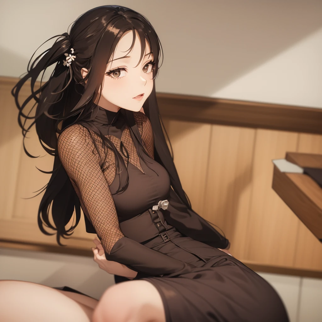 1lady standing, /(oversized sweater/) v-neck, mature female, /(brown hair/) bangs, blush kind smile, (masterpiece best quality:1.2) delicate illustration ultra-detailed, large breasts pantyhose BREAK /(modern house living room/) indoors