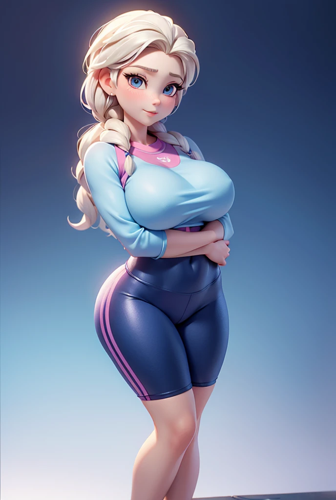 "An ultra-detailed 8k masterpiece best quality and high saturation. The image features a clothing illustration with a stunning thick european girl wearing a tight sheer leggings outfit, including tight open shirt, F cup, white sneakers, and a blue background."