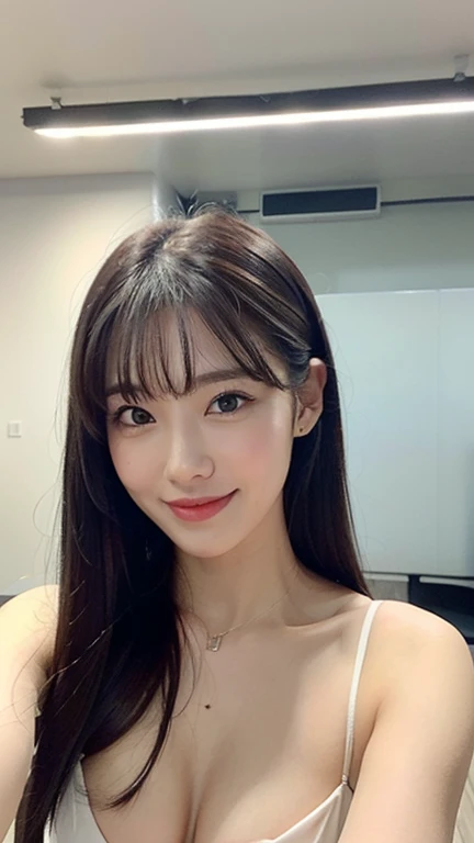 ((Top quality, 8k, Masterpiece: 1.3)), beauty, hidden face, (1girl 18 year's old), beauty:1.3, slender abs: 1.1, ((brown hair long with bangs bangs)). (Strapless tube mini dress_Smile. Stand. in front of a glass wall. daytime city view), ultra-detailed face, highly detailed lips, detailed eyes, double eyelids, make-up face. Red lipstick