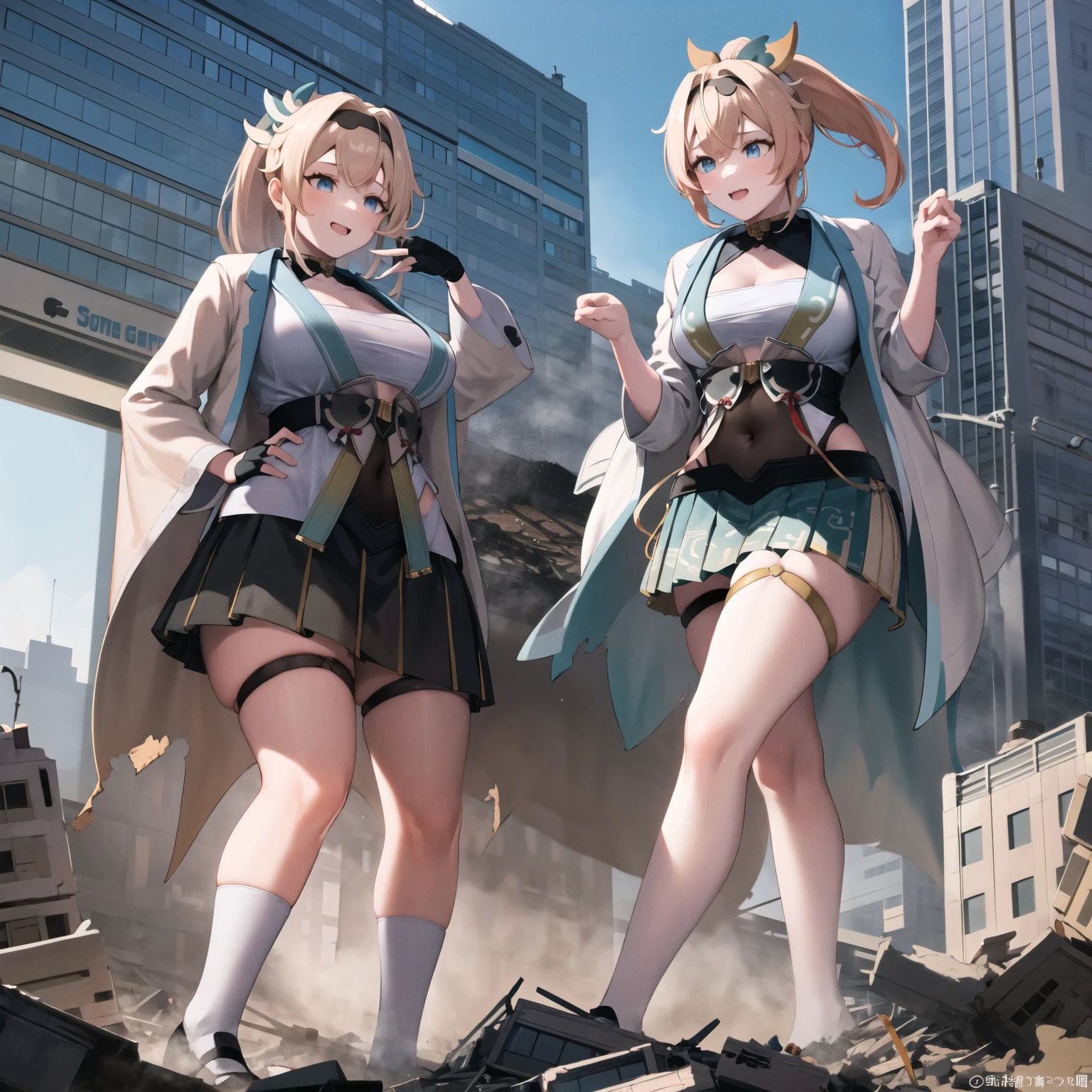 ((perfect body)), ((perfect face)), cameltoe, (blush), ((cheerleader outfit)), (((two girls standing next to eachother))), ((short miniskirt)), ((big breasts)), (photo from above)), (shy), (((masterpiece))), (((topless))), (((empty hands))), (((in a locker room)))