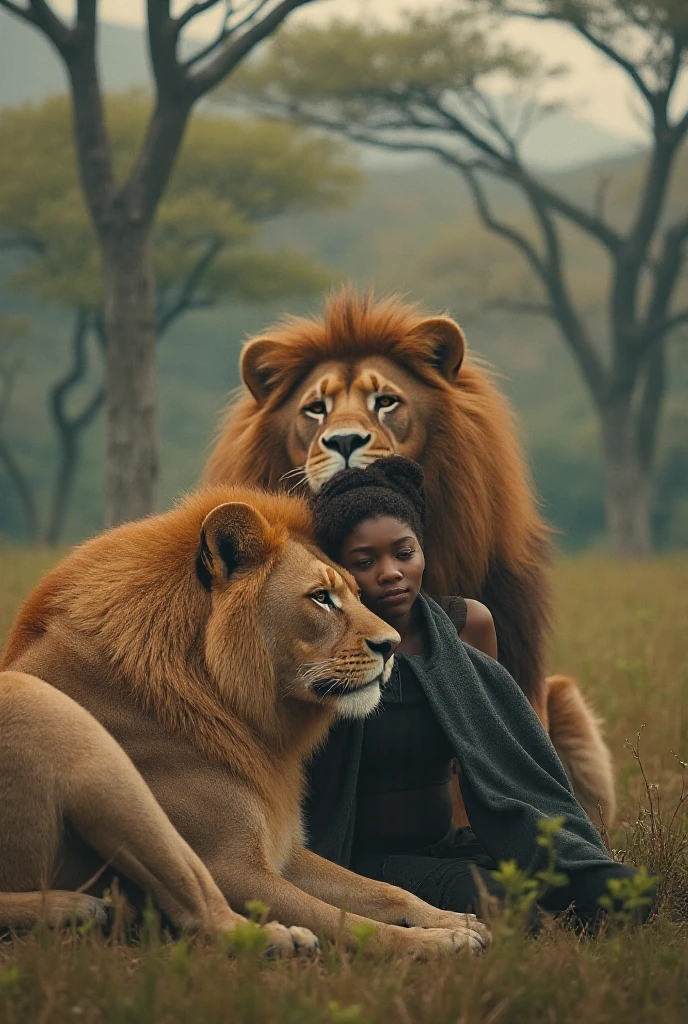 A black person sitting in 2 lions