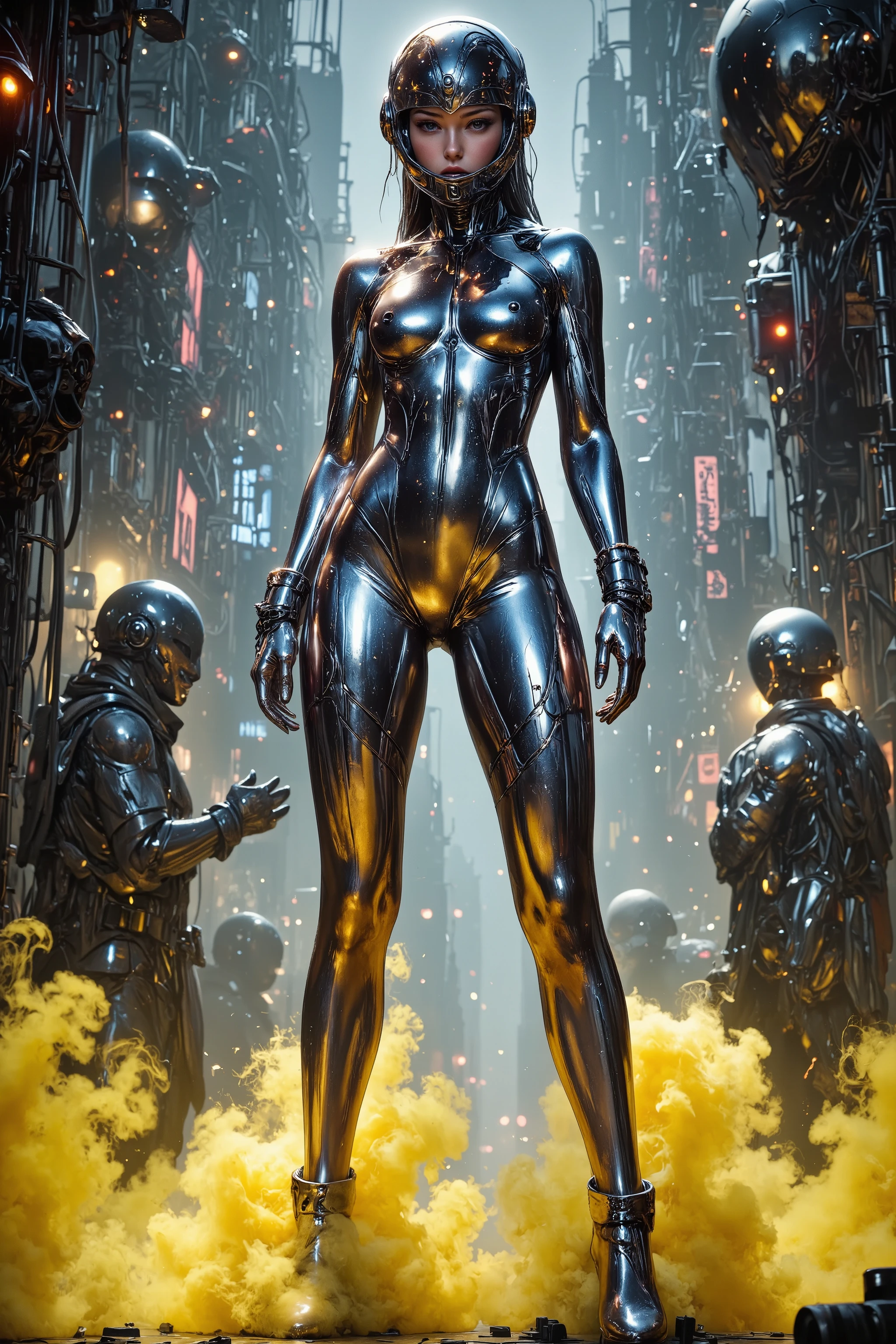Clothes of the future,
Photorealism,
((A scene from a live-action movie)),
Incredibly detailed,
1girl,
A full-body latex suit with a mirror finish,
the tights are smoothly finished,
the shining silver tights reflect the night view of a futuristic city,
the head is covered with a spherical glass,
the girl's beautiful face can be seen through the transparent glass helmet,
yellow smoke is floating at the feet,