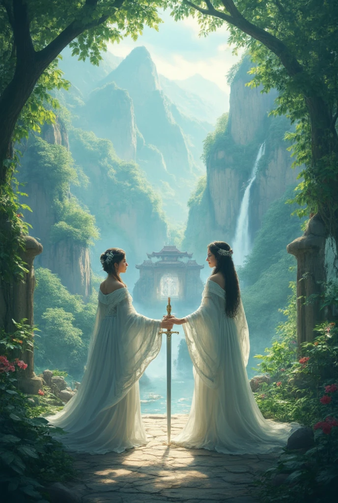 Ancient China, Tang Dynasty, a naked woman stands on a rock in a waterfall while a young man stands by the shore in a white Hanfu Chinese dress, drawing her.