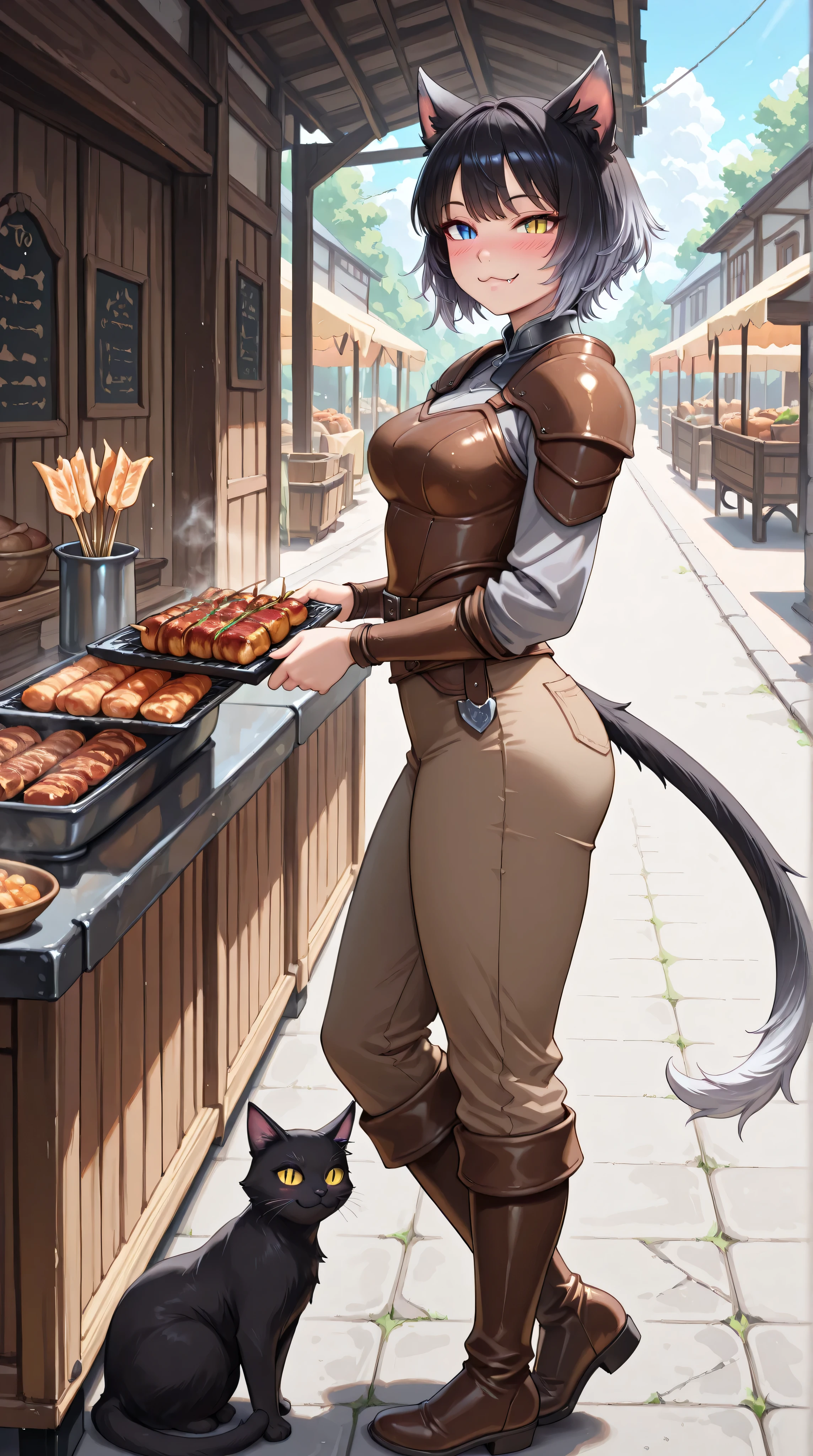 from side full body, looking at view, 1 woman holding grilled skewers at a medieval-style food stall, medieval-style Market, Outdoors, (adult cute woman:1.1), smile, blush, (:3.1.2), chewing,  (((slit pupils.:1.3))), heterochromia, blue eye, yellow eye, black hair, [(gradient hair from silver to black:1.4):0.4], shiny hair, wolf cut hair, fang, cat ears, perfect artwork, picture-perfect face, beautiful face, charming, seductive, alluring, enchanting, stylish, medium breasts, brown leather armor, brown leather shoulder pads, brown leather bracers, brown pants, leather boot, , black cat tail, masterpiece, best quality, ultra realistic 8k cg, epic,