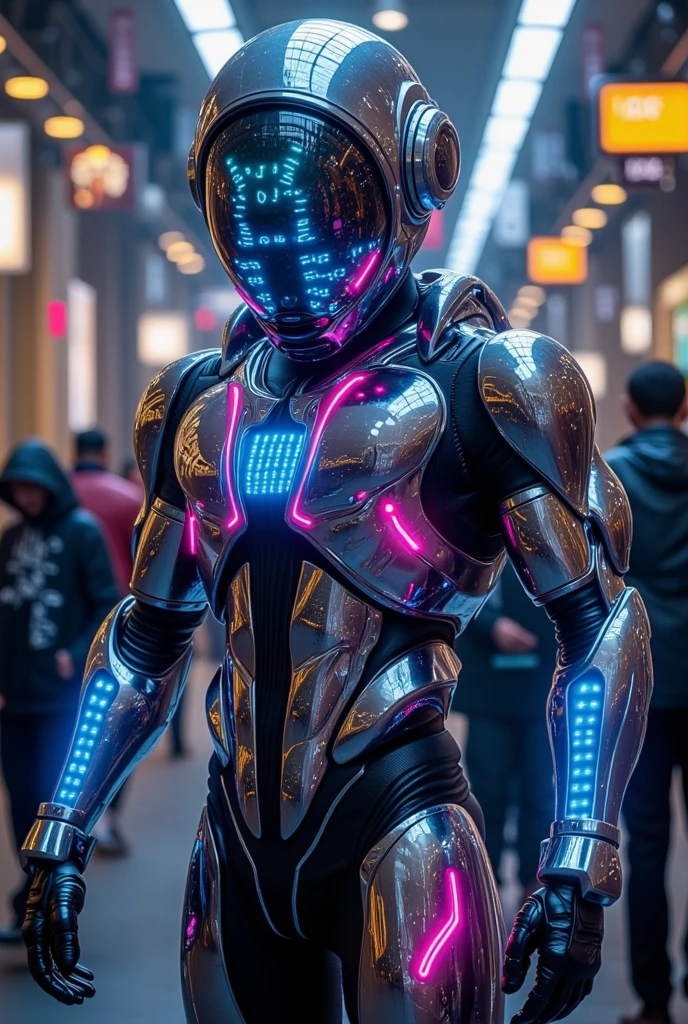 create a stunning fantasy image about a full body muscular man wearing a futuristic neon armor with transparent futuristic helmet (visible handsome face, blue hair, shaped like a helmet, connected directly to the human body, ensuring that oxygen supply is met (can even produce oxygen), useful as a super sophisticated computer, can be used as virtual reality, and can even control human nutritional health (automatically detecting body disorders), crowded futuristic fashion show as background, the angle of view is slightly downward, best quality, MASTERPIECE.